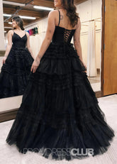 Donna |Long Black Prom Dress Glitter Tulle With A Line Deep V Neck Tiered - Black - PromDressClub